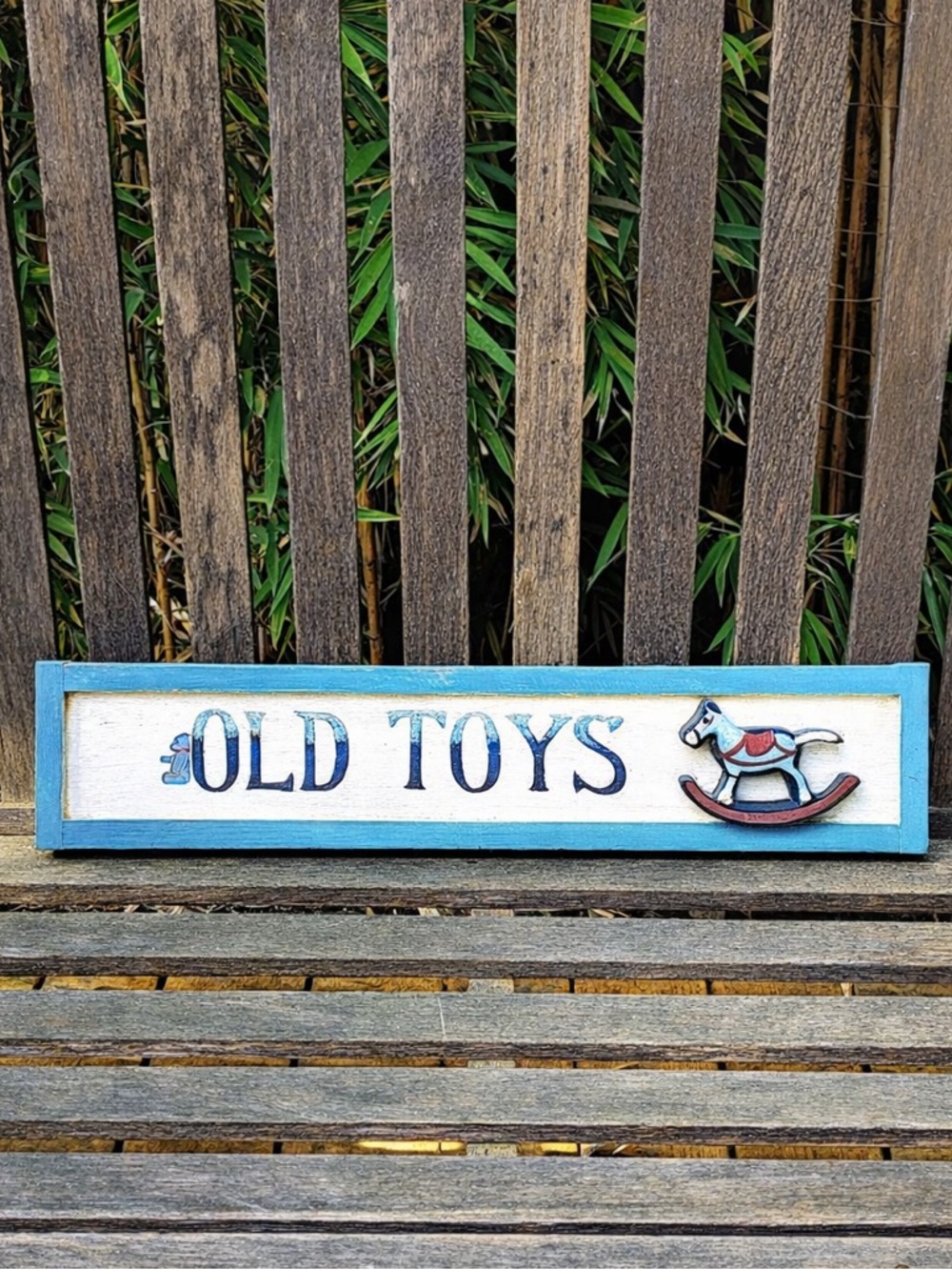 OLD TOYS Wood Sign Wall Hanging Hand Crafted Rocking Horse Teddy Bear Vintage